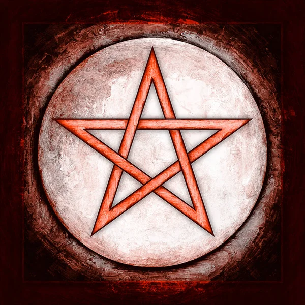 Illustration of a pentagram symbol and the moon. Red colored.