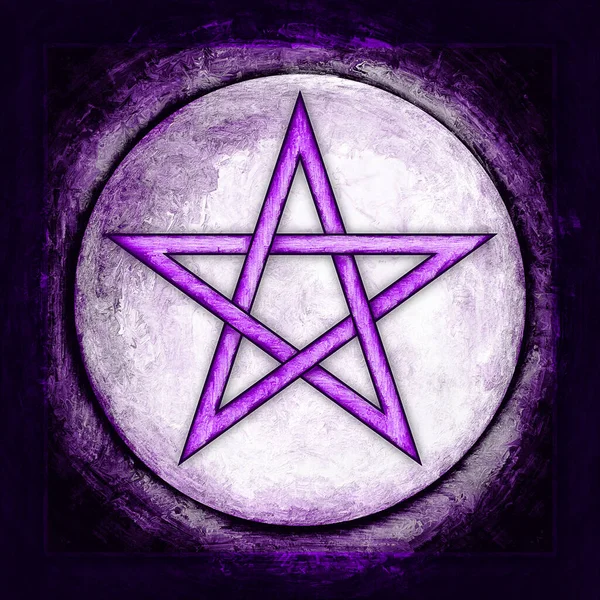Illustration of a pentagram symbol and the moon. Purple colored.