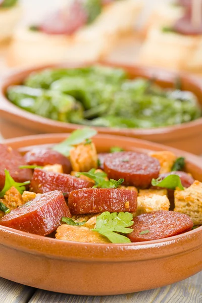 Chorizo and Bread and Padron Peppers — Stock Photo, Image
