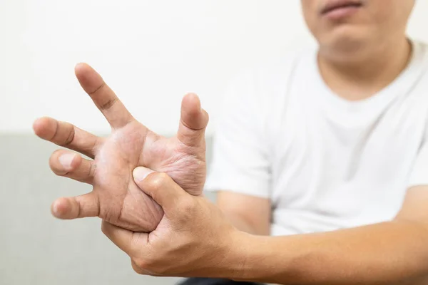 Asian Middle Aged Man Patient Suffering Numbing Pain Hand Arthritis — Stock Photo, Image