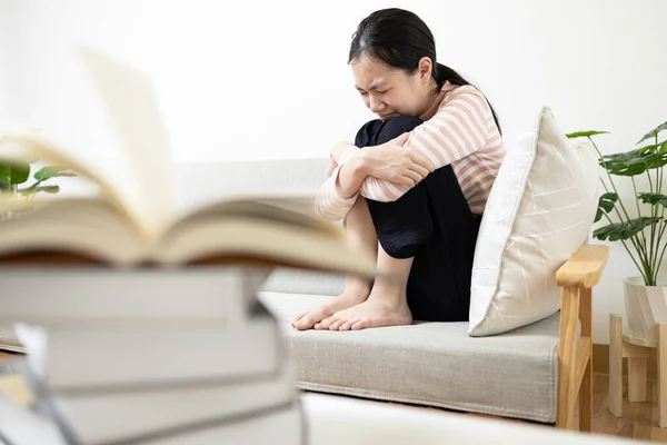 Stressed Worried Asian Teenage Girl Cries While Reading Textbooks Exams — Stock Photo, Image