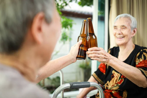 快乐的老年人庆祝并与啤酒叮当作响 欢呼庆祝 老年妇女与朋友一起喝啤酒 享受酒精饮料的乐趣 健康的饮酒和医疗保健 — 图库照片