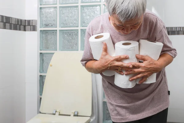 Senior Woman Carrying Holding Lot Toilet Paper Bathroom Many Rolls — Stok fotoğraf