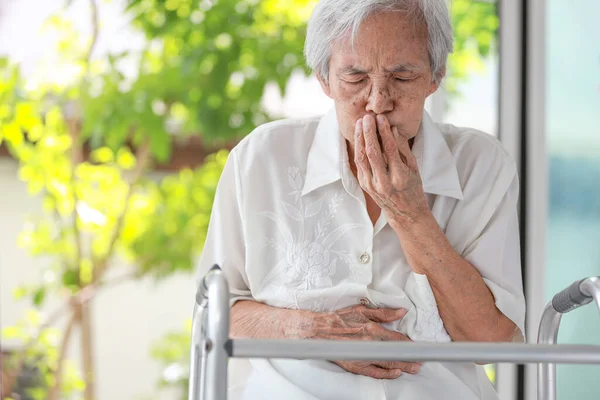Asian Senior Woman Stomachache Old Elderly Holding Her Abdomen Covering — Stockfoto