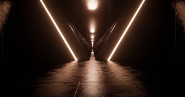 Açık turuncu neon ışıklı 3D işlemeli metal koridor.