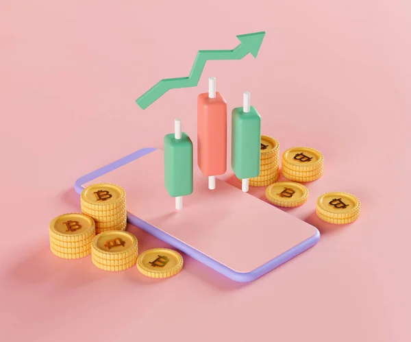 Vykreslování Bitcoinů Grafem Svícnu Smartphonu Koncepce Ilustrace Kryptoměny — Stock fotografie