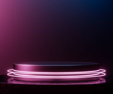 Koyu arkaplan üzerinde mor ve mavi ışık ile boş silindir podyumu oluşturuluyor.