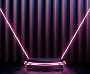 Koyu arkaplandaki boş silindir podyumu neon mavisi ışıkla renklendiriliyor.