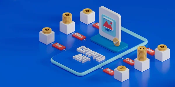 3DレンダリングコンセプトNftまたはファンタブルトークン コンセプトブロックチェーン技術アイソメトリックイラスト — ストック写真