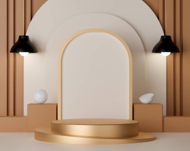 Parlak arkaplanda boş silindir podyumu oluşturuluyor. Ürün gösterimi için soyut geometrik bileşim sahnesi.