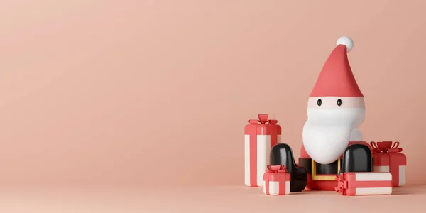 Rendering Weihnachtsmann Sitzt Zwischen Geschenkboxen Auf Rosa Hintergrund Mit Kopierraum — Stockfoto