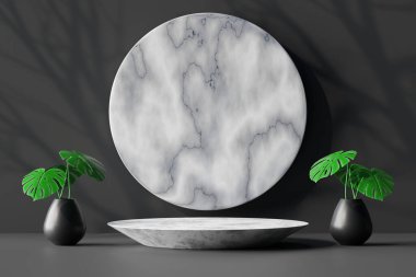 Koyu gri arkaplanda boş podyum ve siyah tencerede canavarlar..