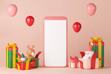 Kutusunda renkli hediye kutuları, balon ve Noel karakteri olan boş ekran akıllı telefon görüntüsü.