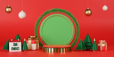 3 boyutlu Noel günü boş silindir podyumu hediye kutuları, Noel ağacı ve kırmızı arka planda takılar. Ürün gösterimi için sahne.