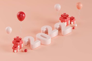 Isometric 3D görüntüleme 2022 metin hediye kutuları ve açık pembe arka planda pembe balonlar.