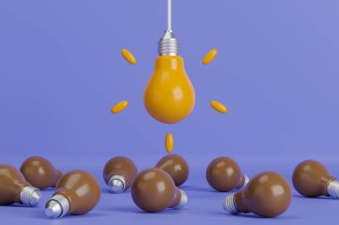 3D tasvir fikri ve yaratıcılık illüstrasyonu. Mor arkaplanda parlak ve koyu renkli bir ampul.