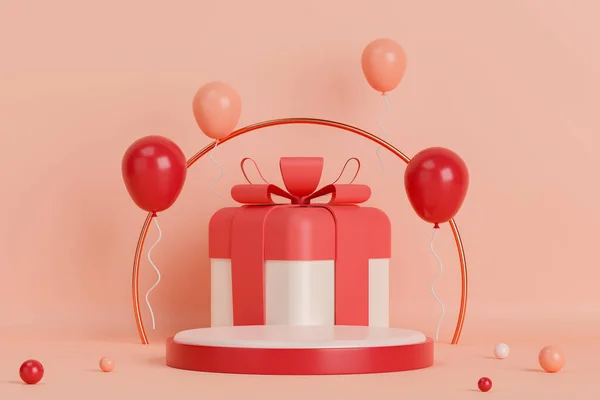 Rendering Empty Cylinder Podium Big Gift Box Balloons Pink Background — Foto Stock