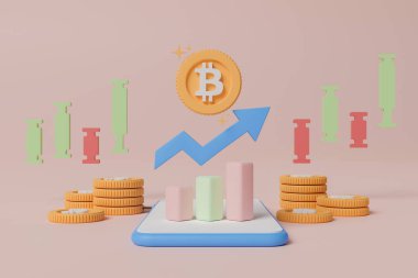 3D yorumlama kavramı kripto para çizimi. Akıllı telefon ve şamdan grafiğinde çubuk grafiği olan bitcoin.