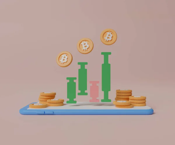 Rendering Concept Cryptocurrency Illustration Candlestick Chart Bitcoin Smartphone — 스톡 사진