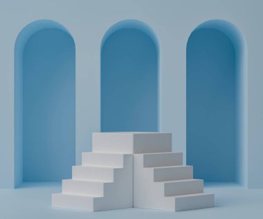 Açık mavi arkaplanda iki merdivenli boş beyaz podyum.