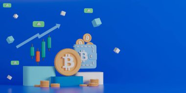 Metin veya ileti için kopyalama alanı olan 3D şifreli para çizimi. Bitcoin, şamdan şeması ve cüzdan mavi arkaplanda..