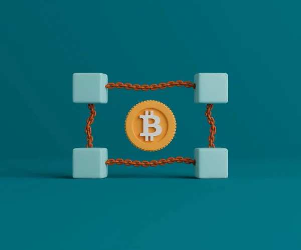Vykreslování Koncept Kryptoměna Blockchain Technologie Ilustrace Bitcoin Spojený Kostkami Řetězem — Stock fotografie