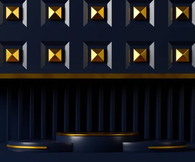 3D üç adet koyu mavi silindir podyumu hazırlıyor. Ürün gösterimi için soyut sahne.