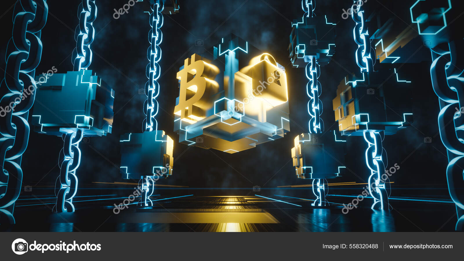 3D渲染发光立方体与链条比特币货币符号和锁在黑暗的背景区块链技术和加密货币示例—— 库存社论照片© pprothien #558320488