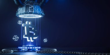 3d konsept şifreleme ve metin veya mesaj için kopyalama alanı ile blok zinciri çizimi. Bilimkurgu podyumunda mavi neon ışıklı bitcoin sembolü.