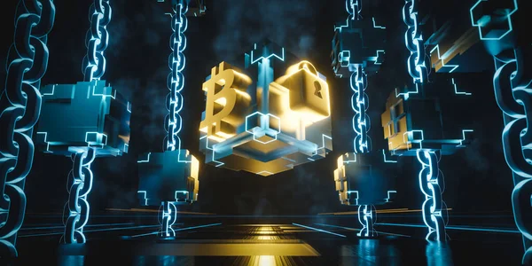 Representación Brillante Cubo Con Cadena Símbolo Moneda Bitcoin Candado Sobre —  Fotos de Stock