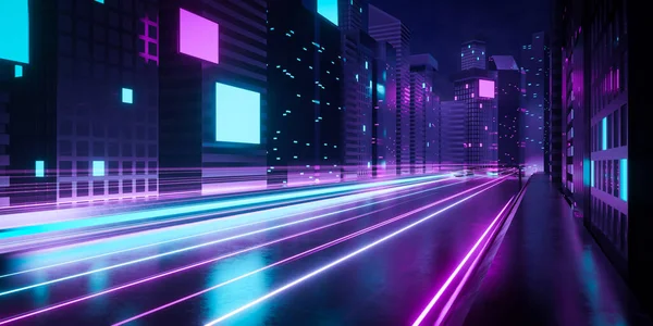 3Dレンダリング青とピンクのライトトレイルで未来的なサイバーパンク都市 超高層ビル 高速道路や看板と夜のコンセプトSfダウンタウン — ストック写真