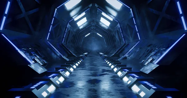 3Dレンダリング青ネオンとダークメタルSf廊下 コンセプト未来的な宇宙船の廊下の背景 — ストック写真