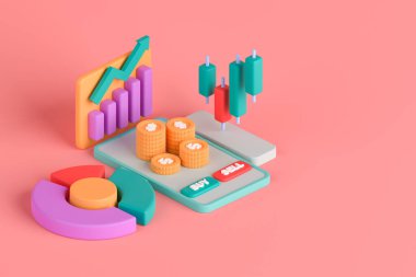 Akıllı telefon üzerinden Isometric 3d yorumlama konsepti hisse senedi işlem uygulaması.