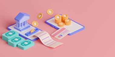 Isometric 3d yorumlama kavramı çevrimiçi bankacılık Pembe arka planda akıllı telefon.
