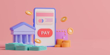 3D yorumlama kavramı çevrimiçi bankacılık Pembe arka planda akıllı telefona.