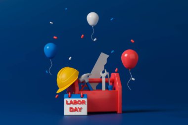 3D tasvir konsepti İşçi Bayramı 'nın illüstrasyonu. Koyu mavi arka planda iş araç kutusu, balonlar ve takvim.