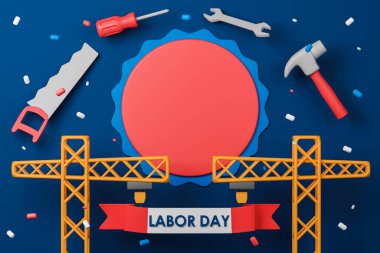 3D İşçi Bayramı ya da Uluslararası İşçi Günü illüstrasyonu. El testereli iki vinç kulesi, tornavida, ingiliz anahtarı ve çekiç, metin ya da mesaj için kopyalama alanı.