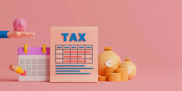 3d rendering concept tax payment. Tax return document with calendar, pencil, piggy bank on hand and us dollar coin on pink background.