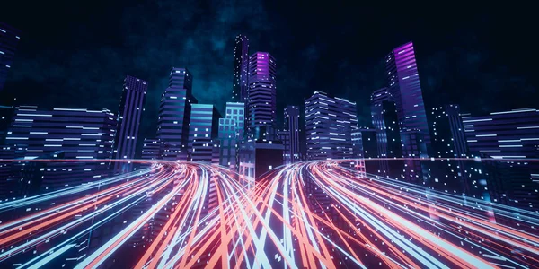 3d rendering cityscape with red and light blue light trail on curve road. Concept city, downtown district, town at night with bright neon light.