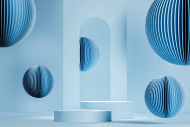 3D, açık mavi arkaplanda iki boş silindir podyumu hazırlıyor. Ürün gösterimi için soyut sahne.