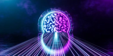 3D neon bilim kurgu arkaplanı oluşturma. Koyu arkaplanda portalı olan mavi ve pembe neon ışık yolu.