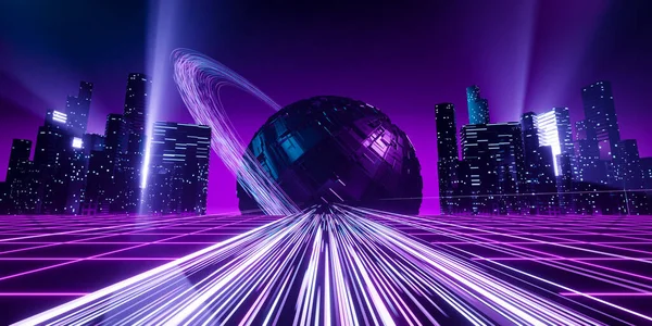 Απόδοση Sci Φόντο Αστικό Τοπίο Φουτουριστικό Cyberpunk Πόλη Νέον Φως — Φωτογραφία Αρχείου