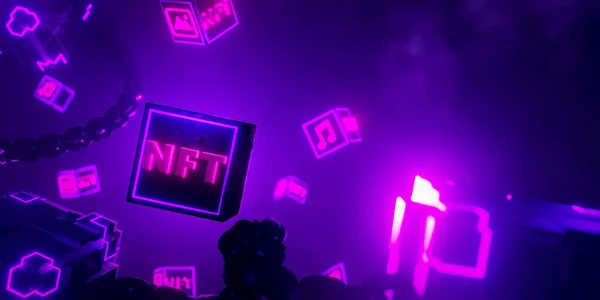 紫色霓虹灯 立方体和链环Nft的3D渲染概念 区块链和不可替换标记技术背景 — 图库照片