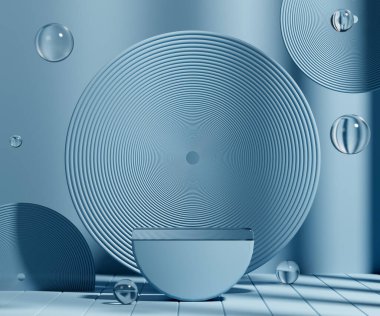 Açık mavi arkaplanda boş podyum oluşturuluyor. Ürün gösterimi için soyut sahne.