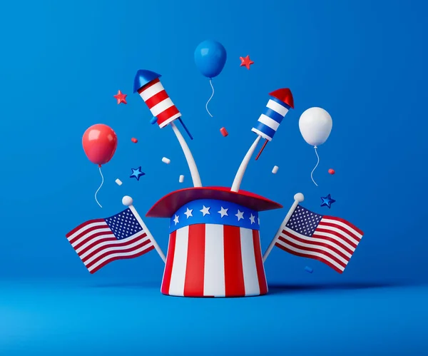 3d rendering USA independence day illustration with hat, fireworks, balloons and USA flags.