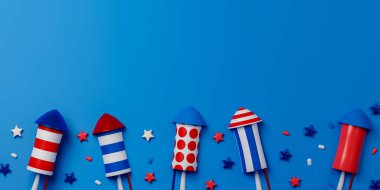 Metin veya ileti için 3D havai fişek arkaplanı kopyalanıyor. ABD 'nin bağımsızlık günü illüstrasyon afişi.