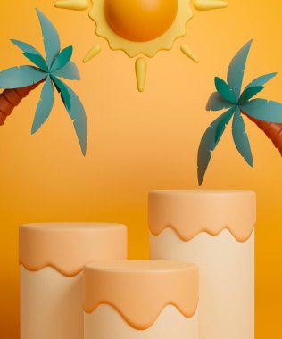 3D, içi boş üç silindir podyum, palmiye ağaçları ve güneş. Ürün gösterimi için yaz sahnesi.