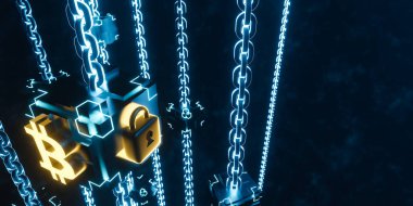 3D parlayan küp zincir, bitcoin para birimi sembolü ve koyu arkaplanda asma kilit. Engelleme teknolojisini ve kripto para çizimini kavramsallaştır.