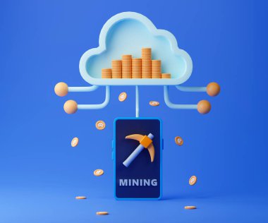 3d rendering concept cloud mining on smartphone. Cryptocurrency mining with cloud computing technology.