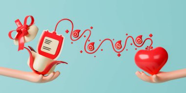 3d rendering concept blood donation illustration. Donor give blood to patient.